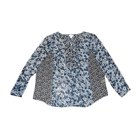 J Jill Blue Floral Blouse Long Sleeve Button Up Keyhole Tie Top Size Large - Picture 1 of 4